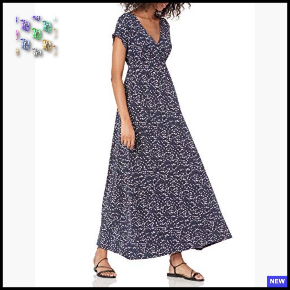 V Neck Short Sleeve Waisted Maxi Dress Flowy Fit & Flare Elegant Day to Night - Picture 5 of 7